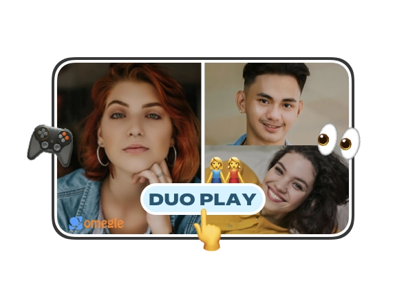 Friendly illustration of Monkey DUO Mode letting two friends join random video chat together, safely meeting and talking to strangers online